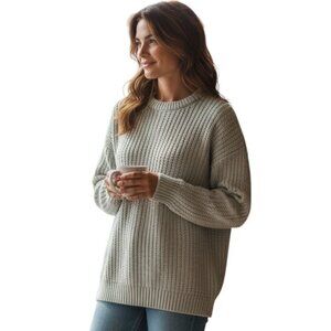 Vintage Canda Beige Chunky Knit Sweater 100% Acrylic Crewneck Long Sleeve Size M